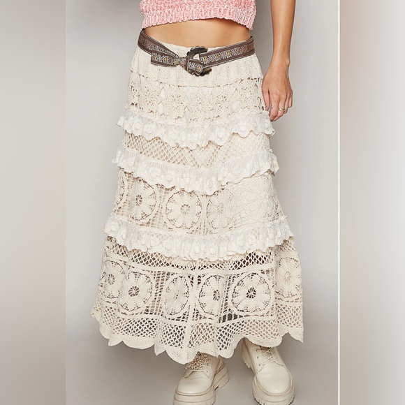 POL Dresses & Skirts - POL Cream Crocheted Maxi Skirt with Ruffle Tiers